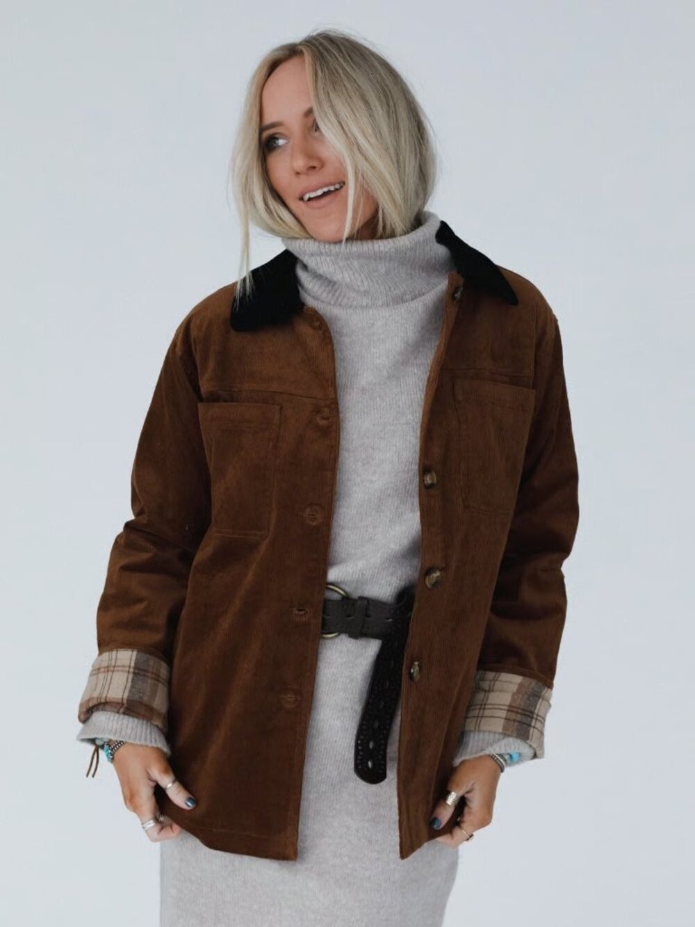 Three Birds Nest Leni Plaid Flannel Brown Corduroy Coat Sz. S